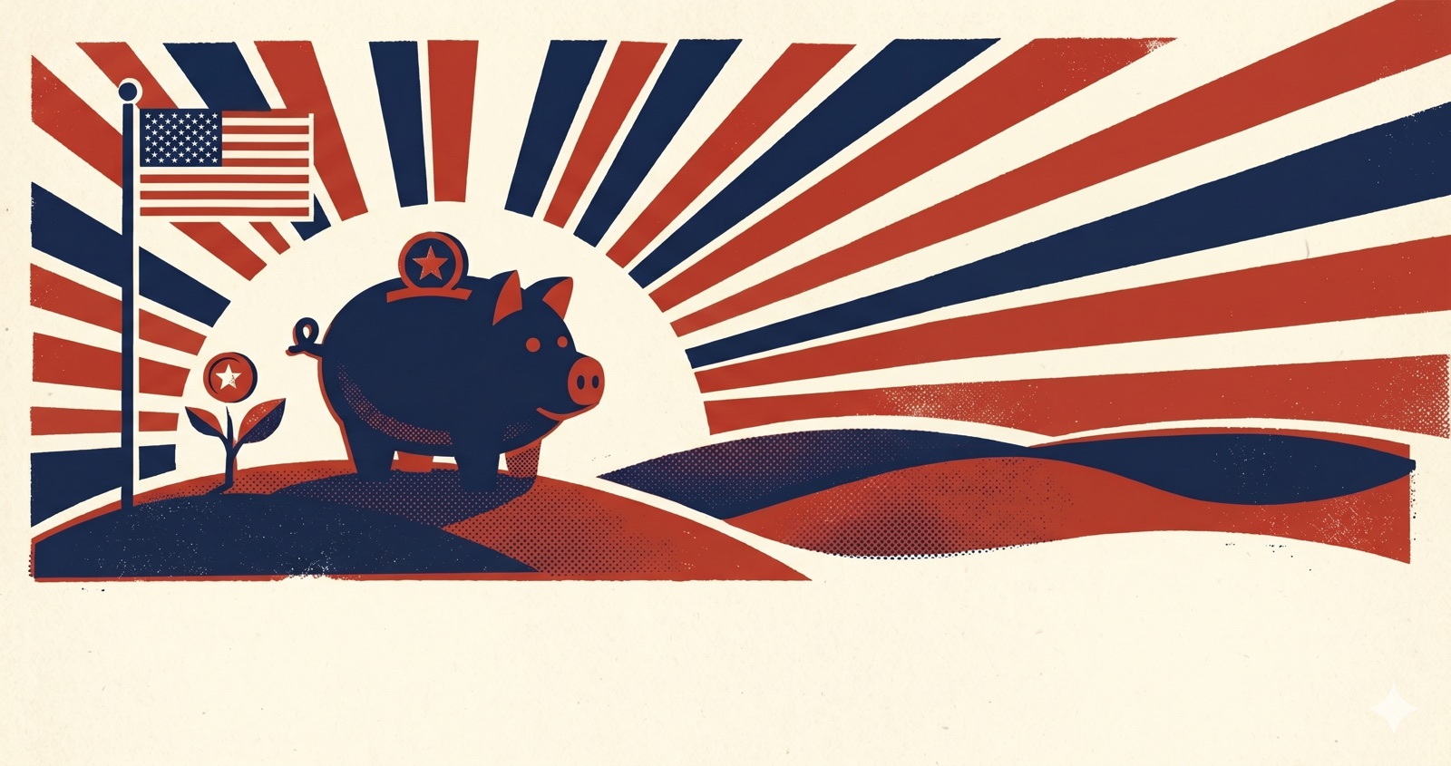 Vintage savings-bond poster: a navy piggy bank on a hill with sunrise rays, an American flag, and a coin sprouting from a seedling.