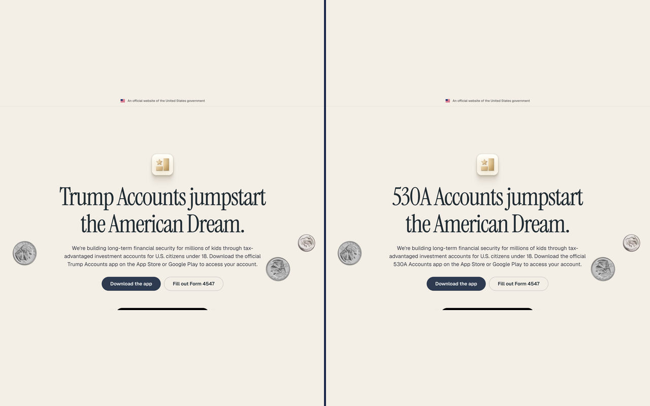 A government webpage shown before and after: the "Trump Accounts" headline becomes "530A Accounts".